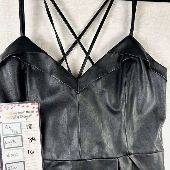Kendall + Kylie Black Faux Leather Mini Dress L Strappy Back Fit & Flare Whimsy - Picture 11 of 13